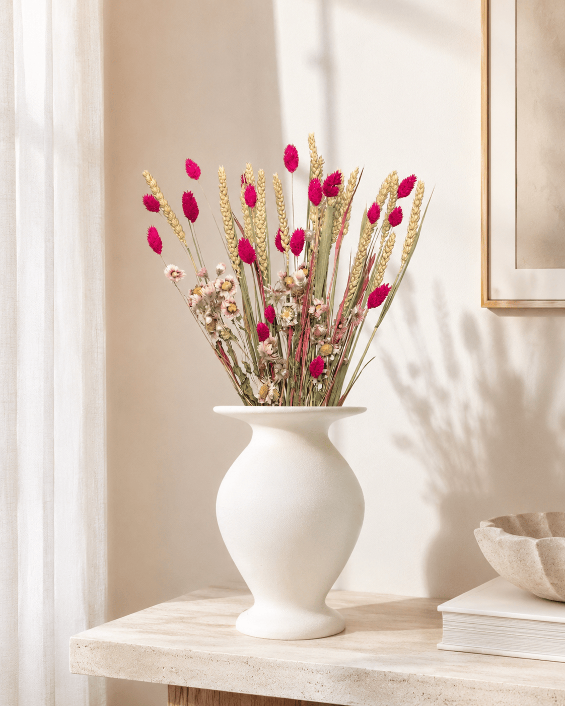 Flirt – torkad bukett i mjukt rosa & cerisa nyanser
