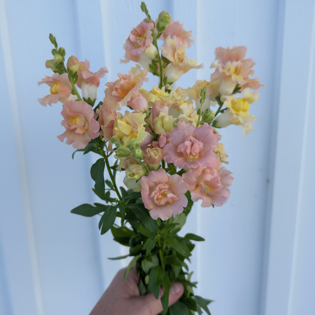 Fyllda persikofärgade lejongapsblommor med öppen klocklik form