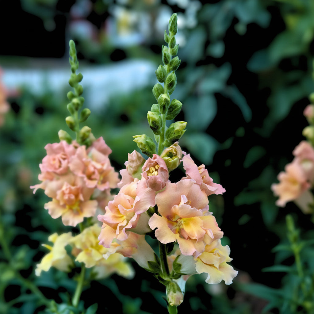 Öppna stjärnformade blommor i champagnebeige längs upprätt spira