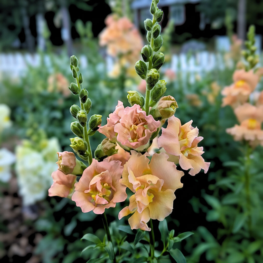 Champagnefärgade lejongapsblommor med vidöppen form mot mörkgrönt bladverk