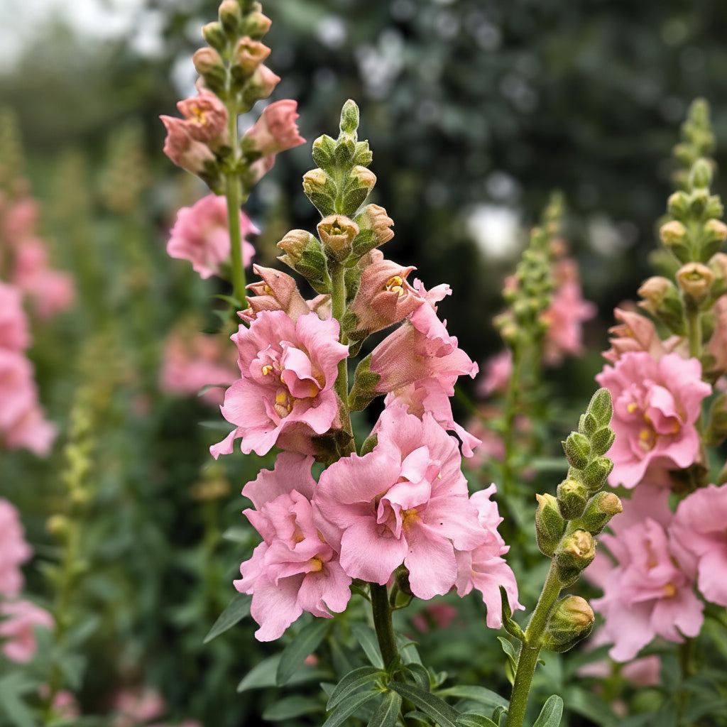 Puderrosa lejongapsblommor med vidöppen stjärnform