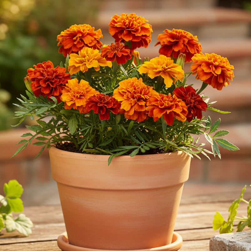 Sammetstagetes i kruka med tätt packade blommor som skiftar från mörkrött till orange