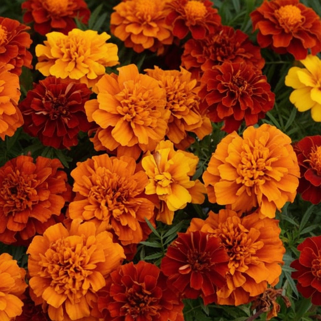 Helt fyllda tagetesblommor i mahognyrött, tegel och orange på låg kompakt planta