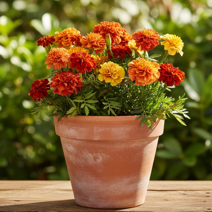 Låg kompakt tagetes i kruka med tätt packade blommor i skiftande varma toner