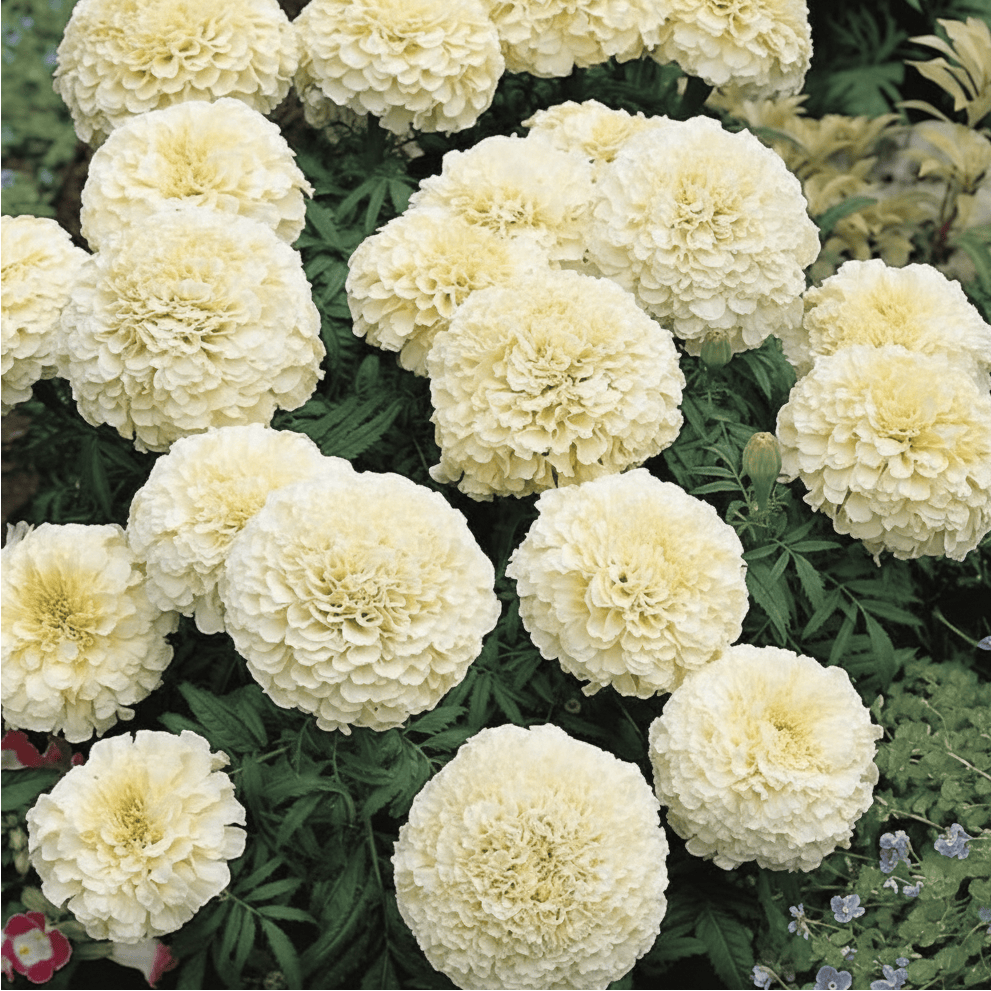 Tagetes ‘Vanilla’ (Kilimanjaro) – krämvit jätte-tagetes för snitt & sommarbuketter Palettparadiset