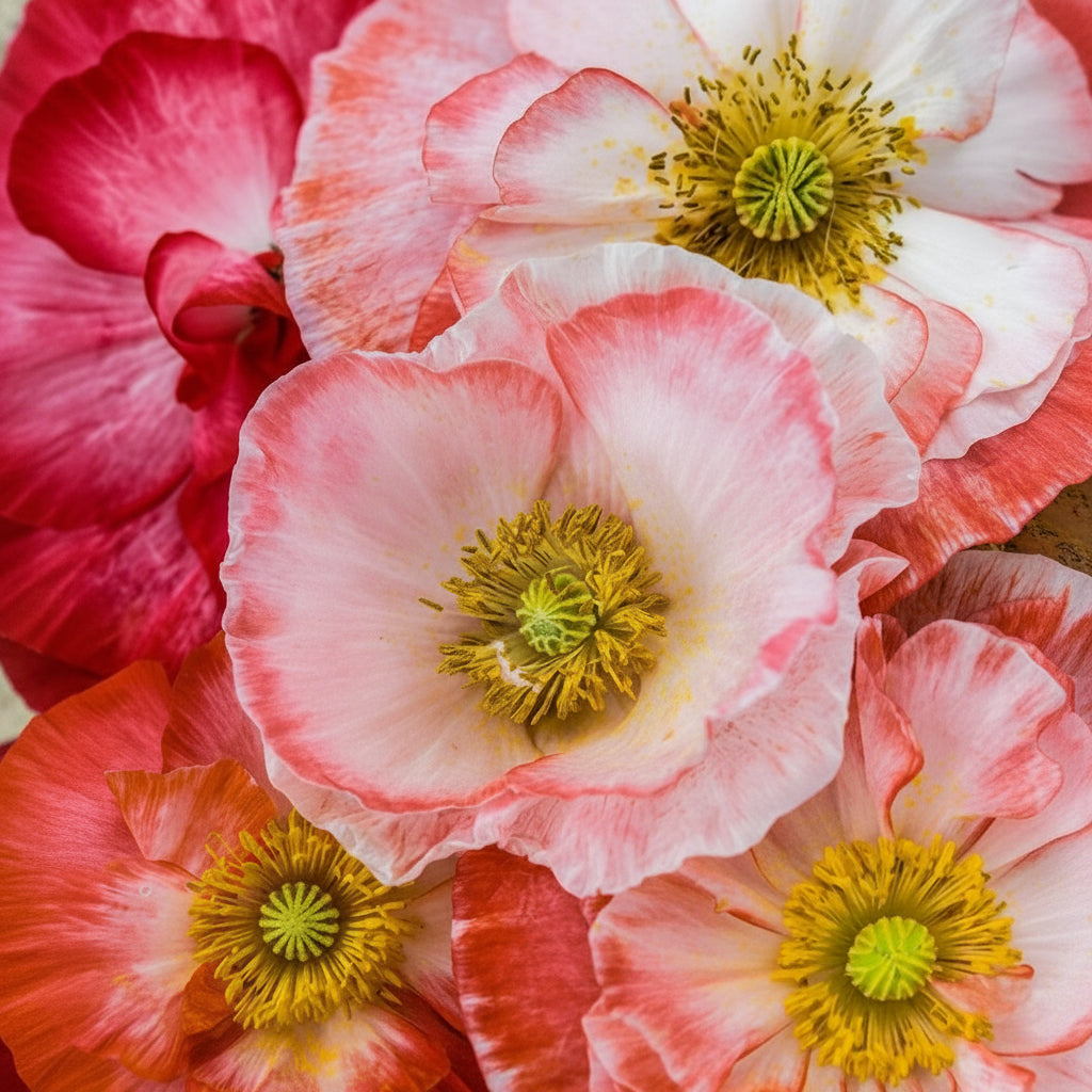 Dubbla vallmoblommor i mjuka rosa och krämtoner med skrynkliga kronblad