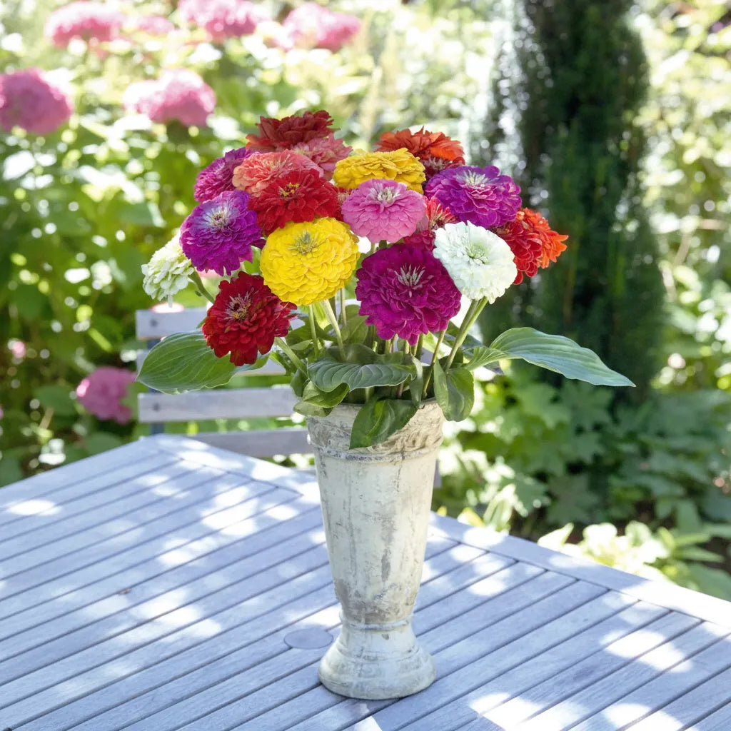 Stora zinnior i blandade färger, rosa, rött, orange och vitt tillsammans