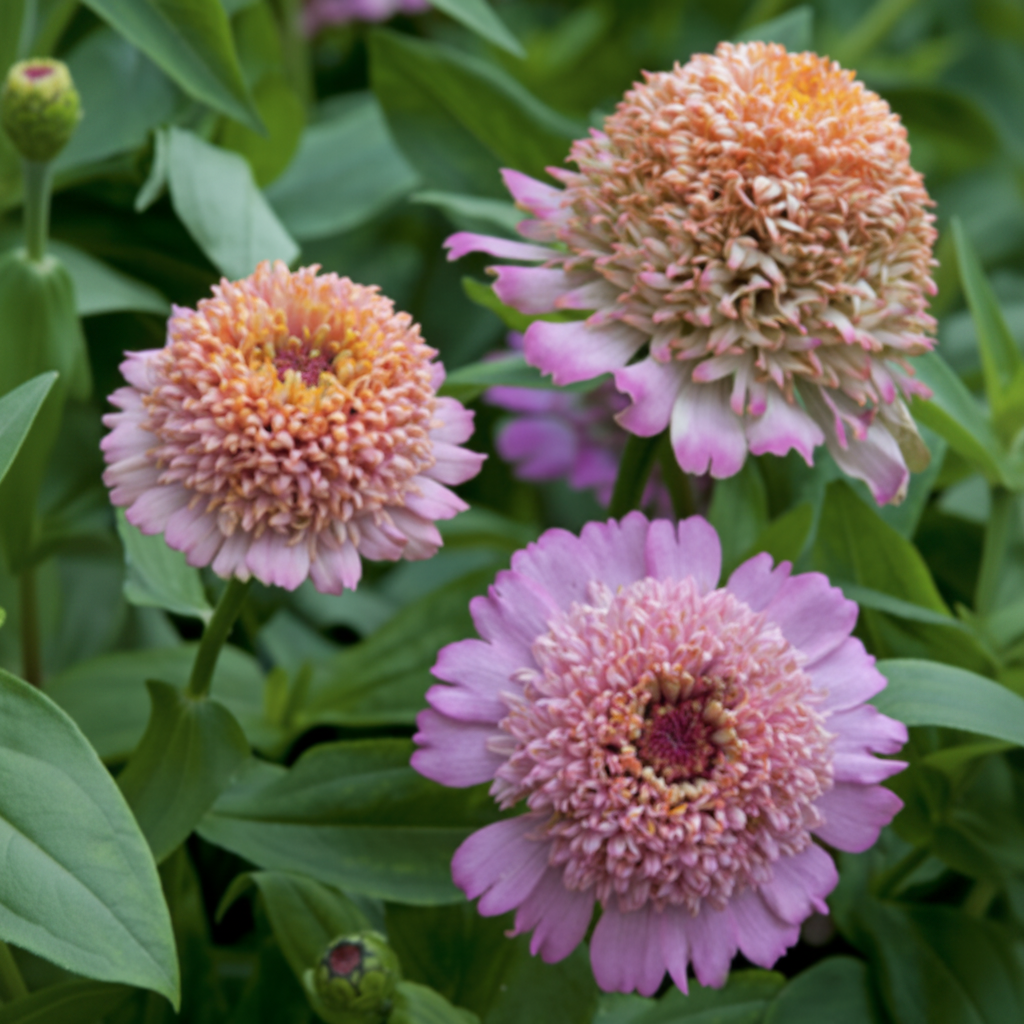 Persikorosa zinnia med hopvikta spetsiga kronblad och grön mitt