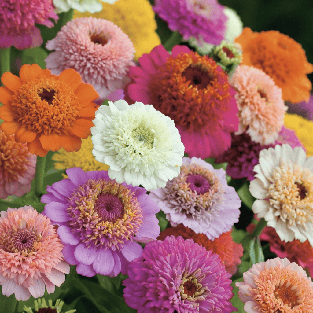 Skirblommiga zinnior i blandade pastelltoner med gulgröna blomkorgar